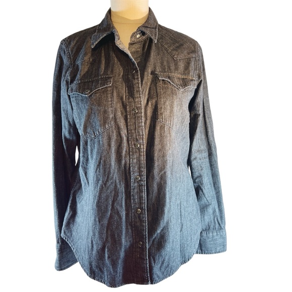 Lauren Ralph Lauren Shirt Size L Black Denim Button Up Western Pearl Sna… - Picture 1 of 11